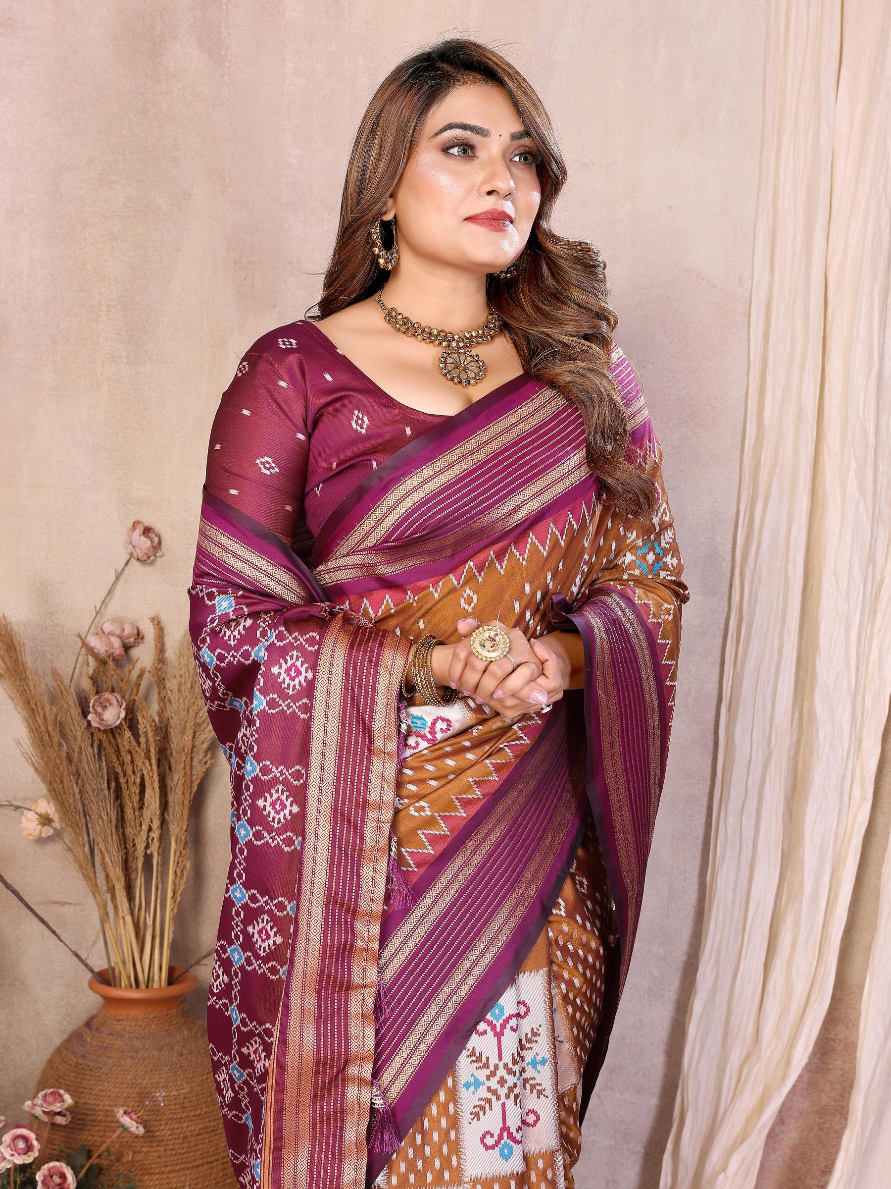 Mustard Wine Soft Silk Ikat Designer Saree