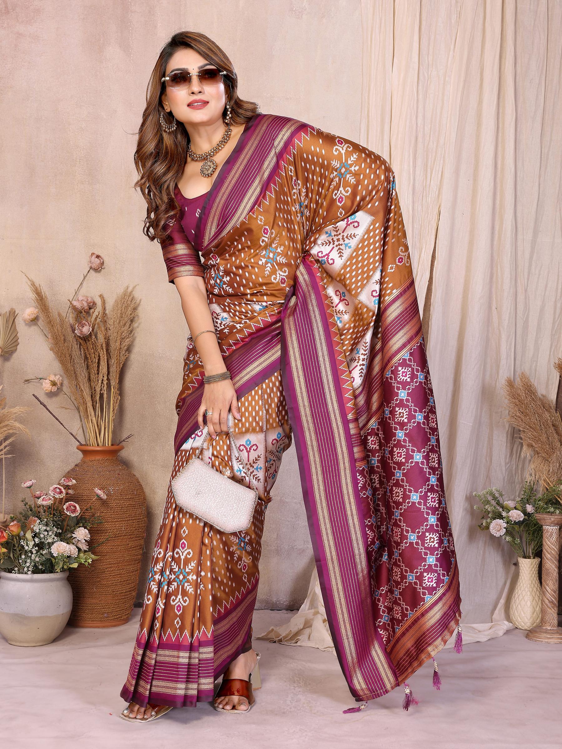 Mustard Wine Soft Silk Ikat Designer Saree