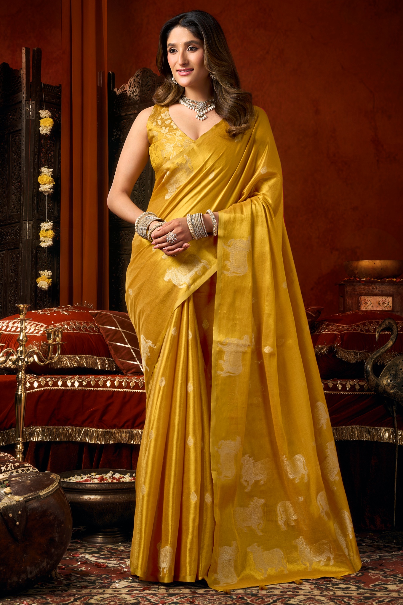 Mustard Woven Butta Tassel Saree