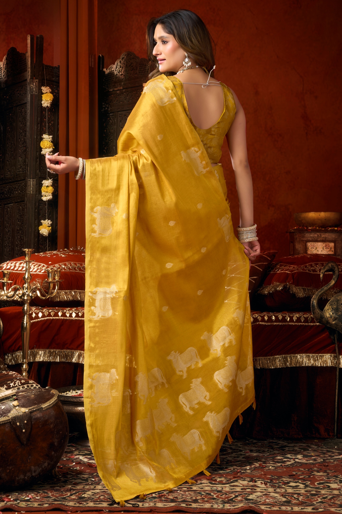 Mustard Woven Butta Tassel Saree — alternate view