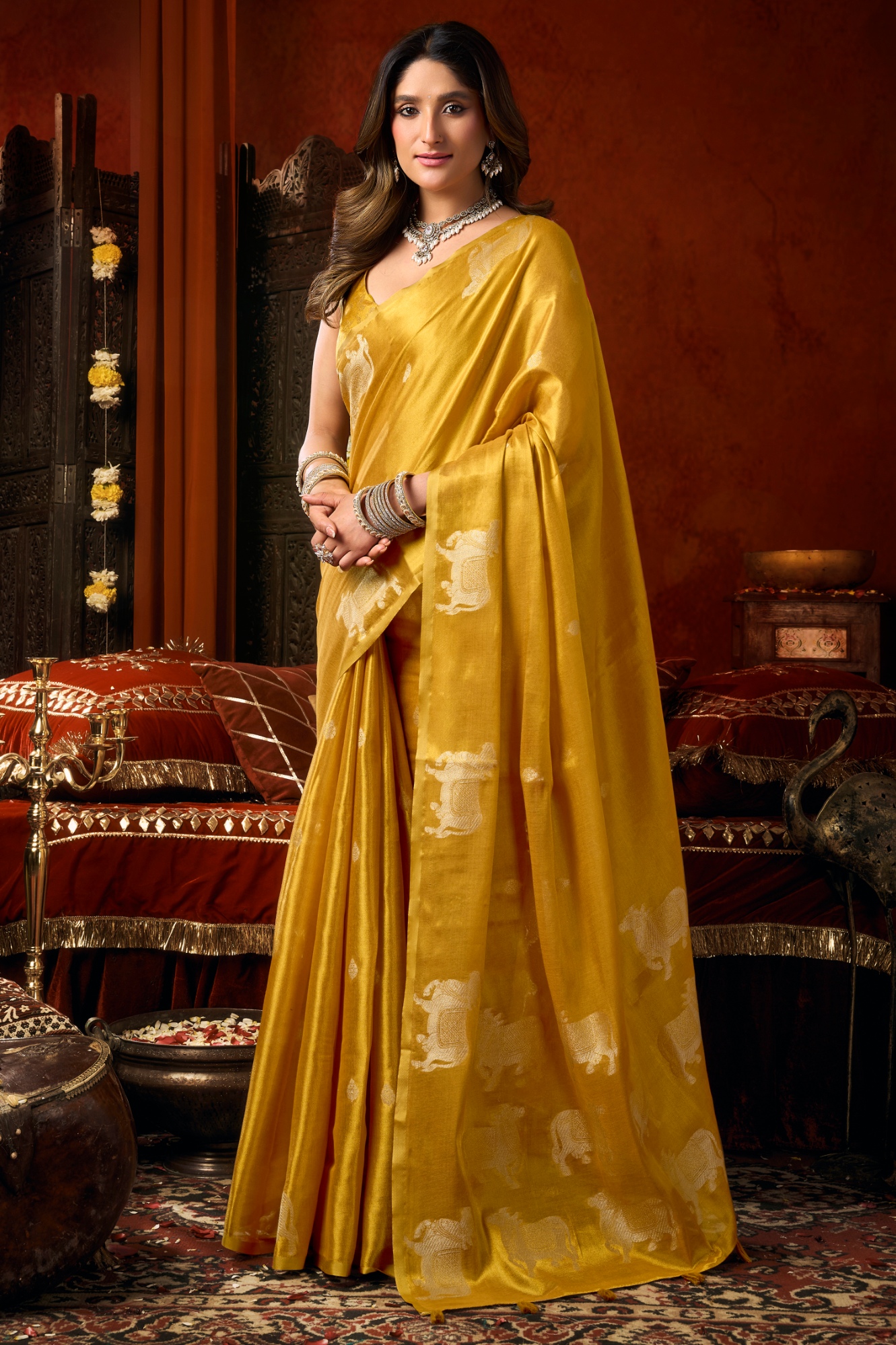 Mustard Woven Butta Tassel Saree