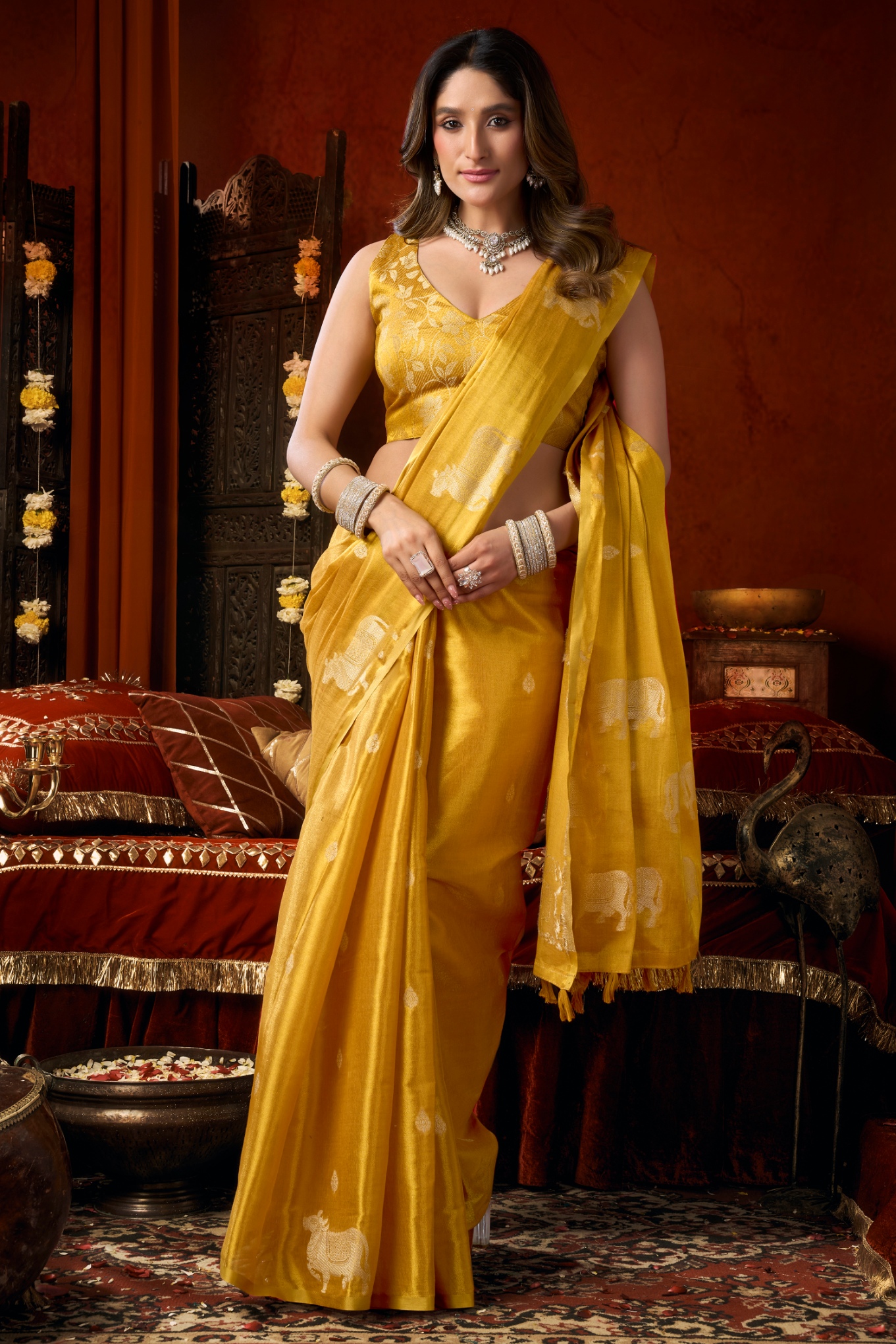 Mustard Woven Butta Tassel Saree