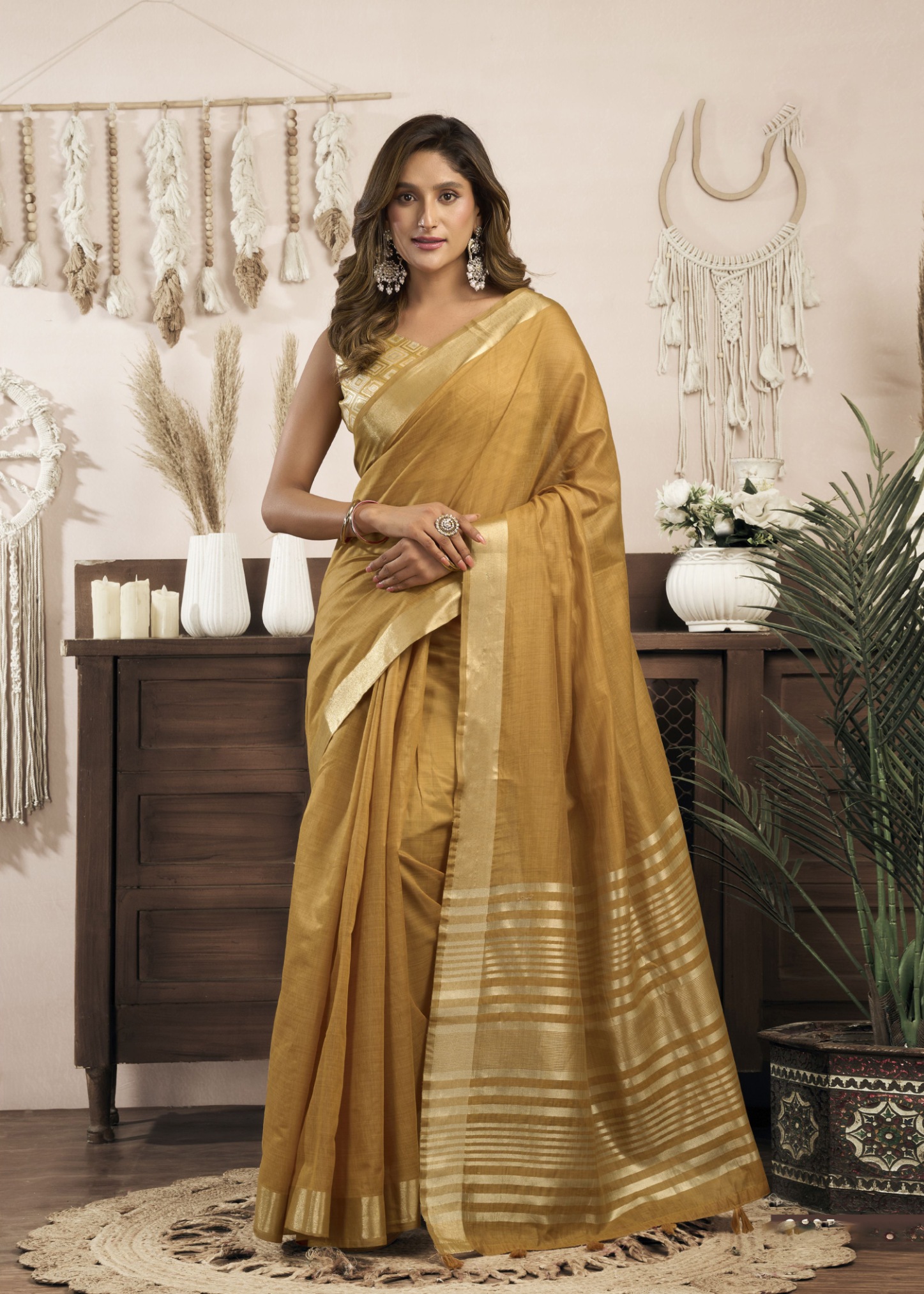 Mustard Woven Designer Khadi Cotton Saree