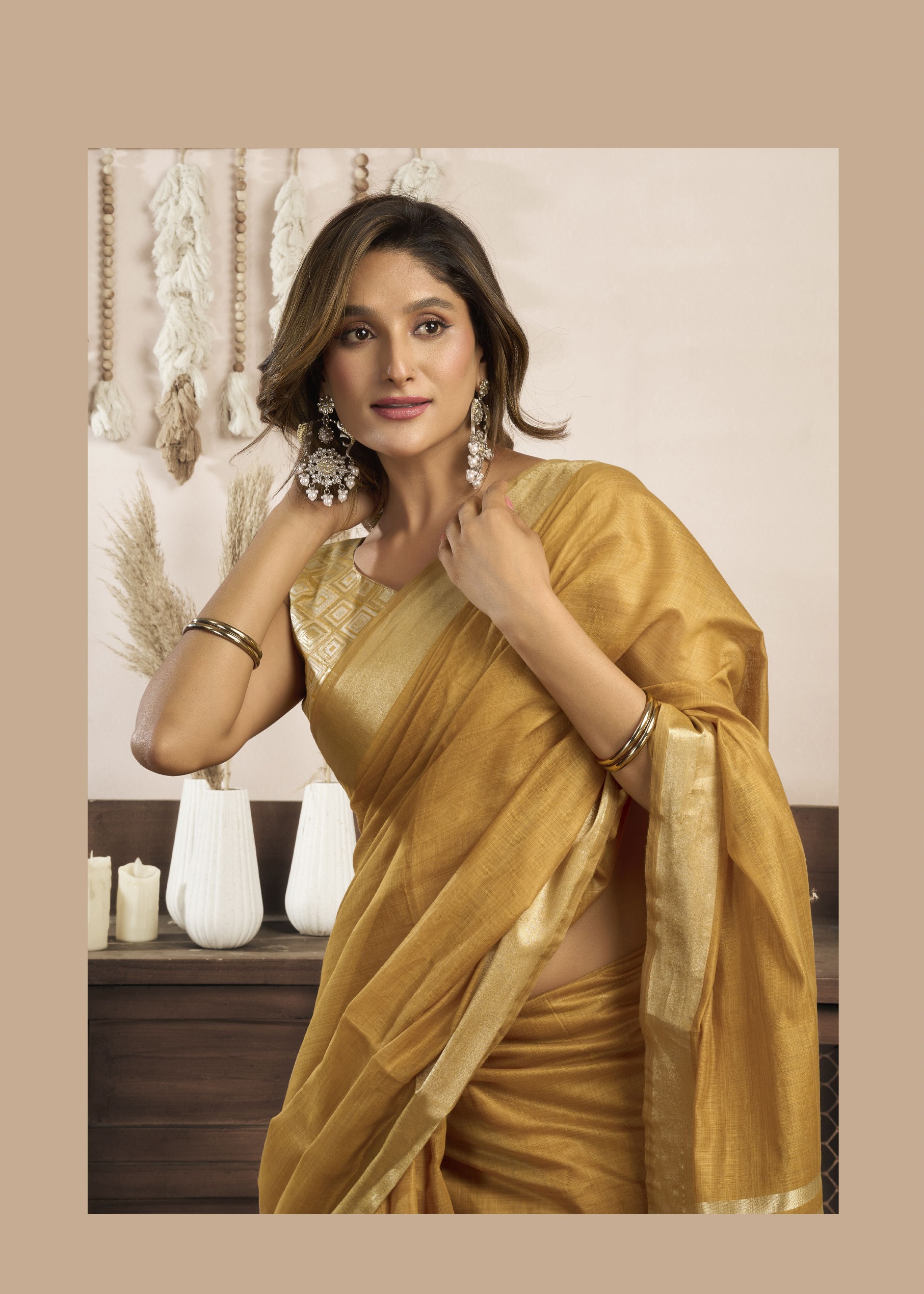 Mustard Woven Designer Khadi Cotton Saree