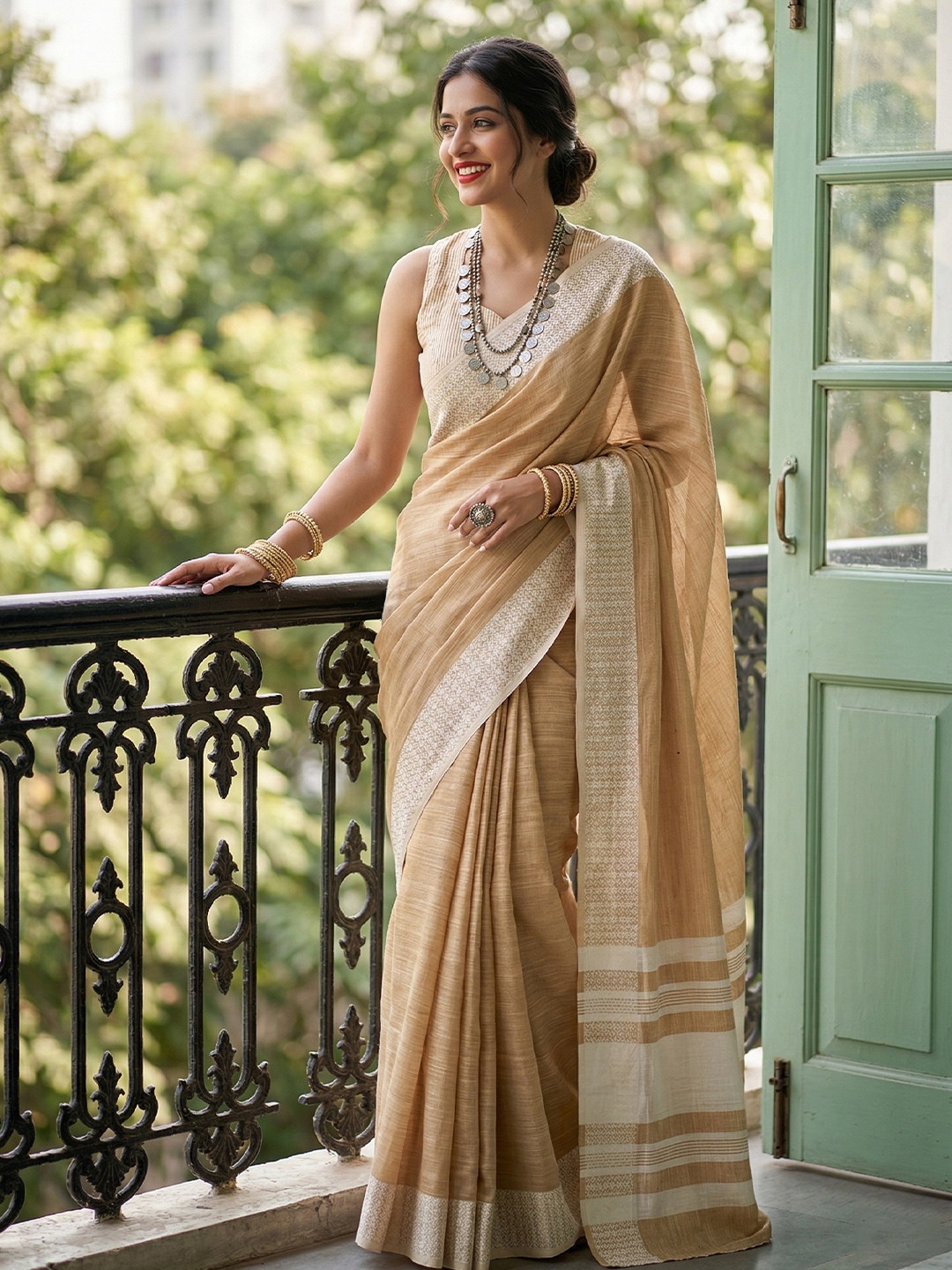 Mustard Woven Linen Saree