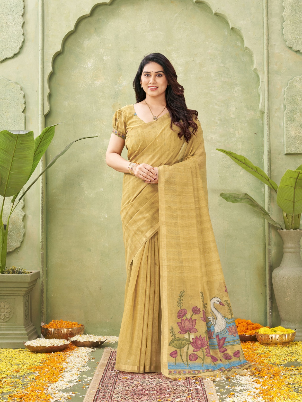 Mustard Woven Swan Lotus Designer Ghicha Cotton Saree