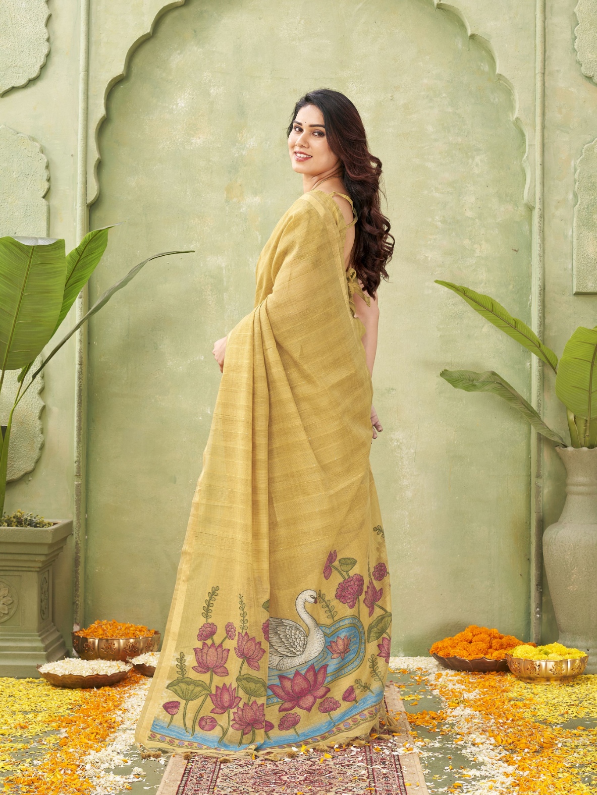 Mustard Woven Swan Lotus Designer Ghicha Cotton Saree — alternate view