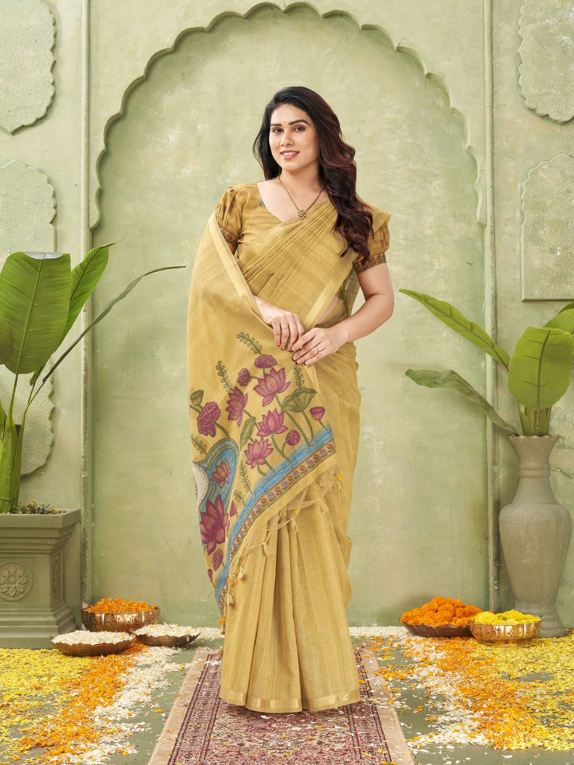 Mustard Woven Swan Lotus Designer Ghicha Cotton Saree