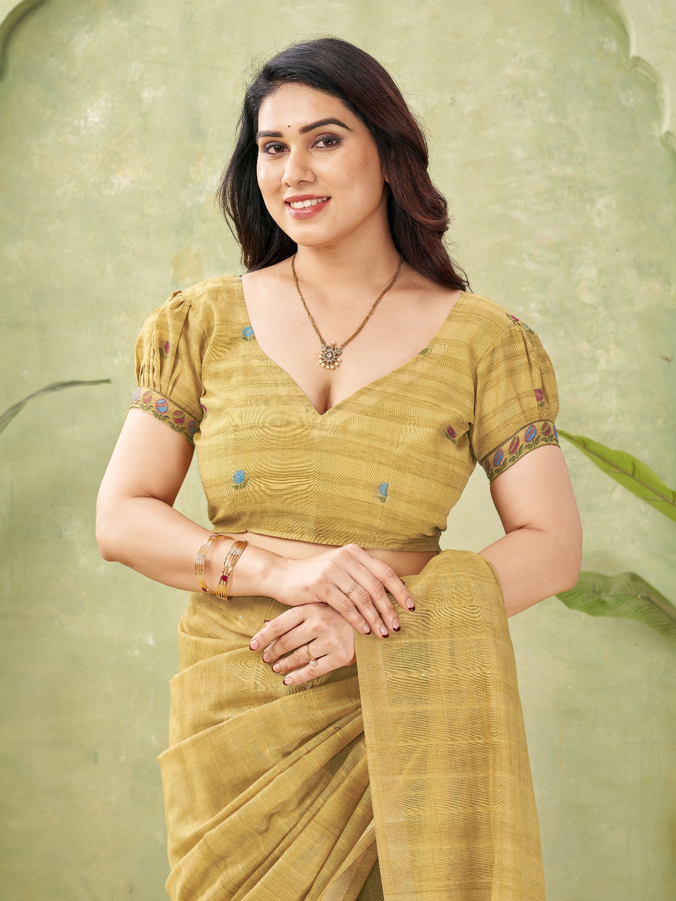 Mustard Woven Swan Lotus Designer Ghicha Cotton Saree