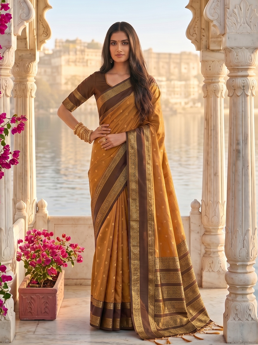 Mustard Woven Zari Silk Blend Saree