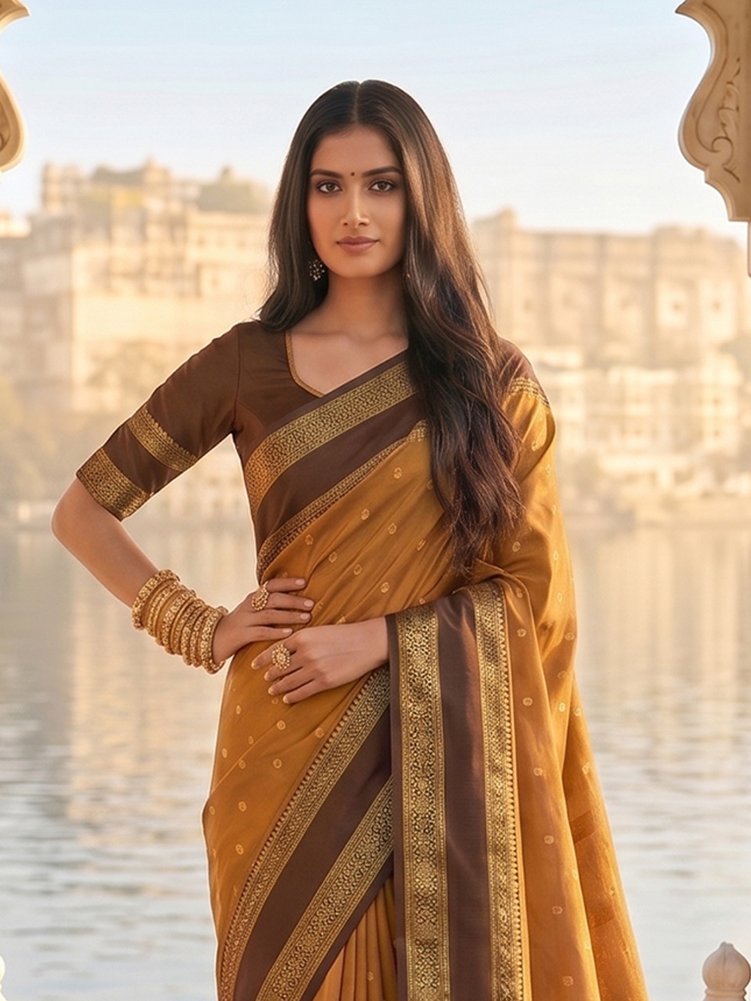 Mustard Woven Zari Silk Blend Saree