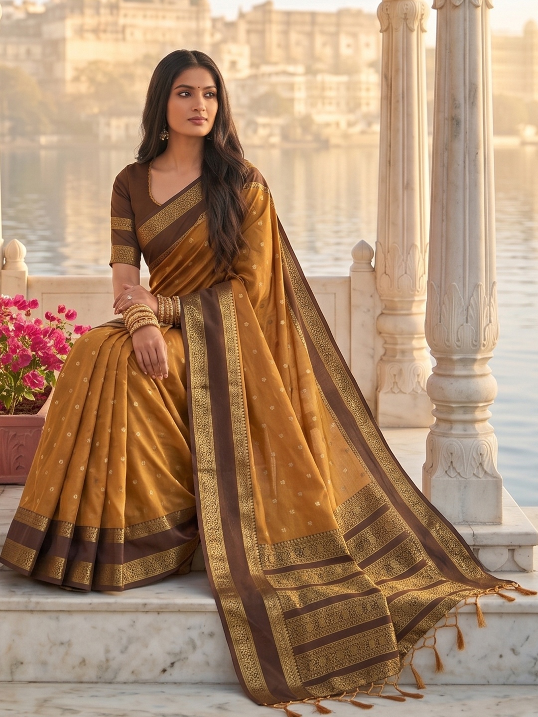 Mustard Woven Zari Silk Blend Saree