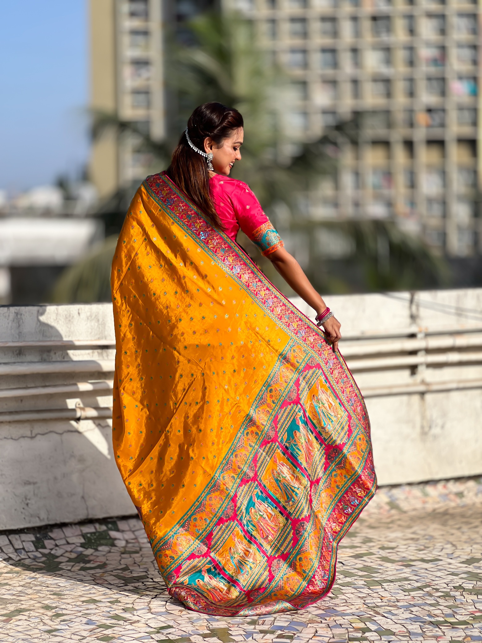 Mustard Woven Zari Viscose Silk Saree — alternate view