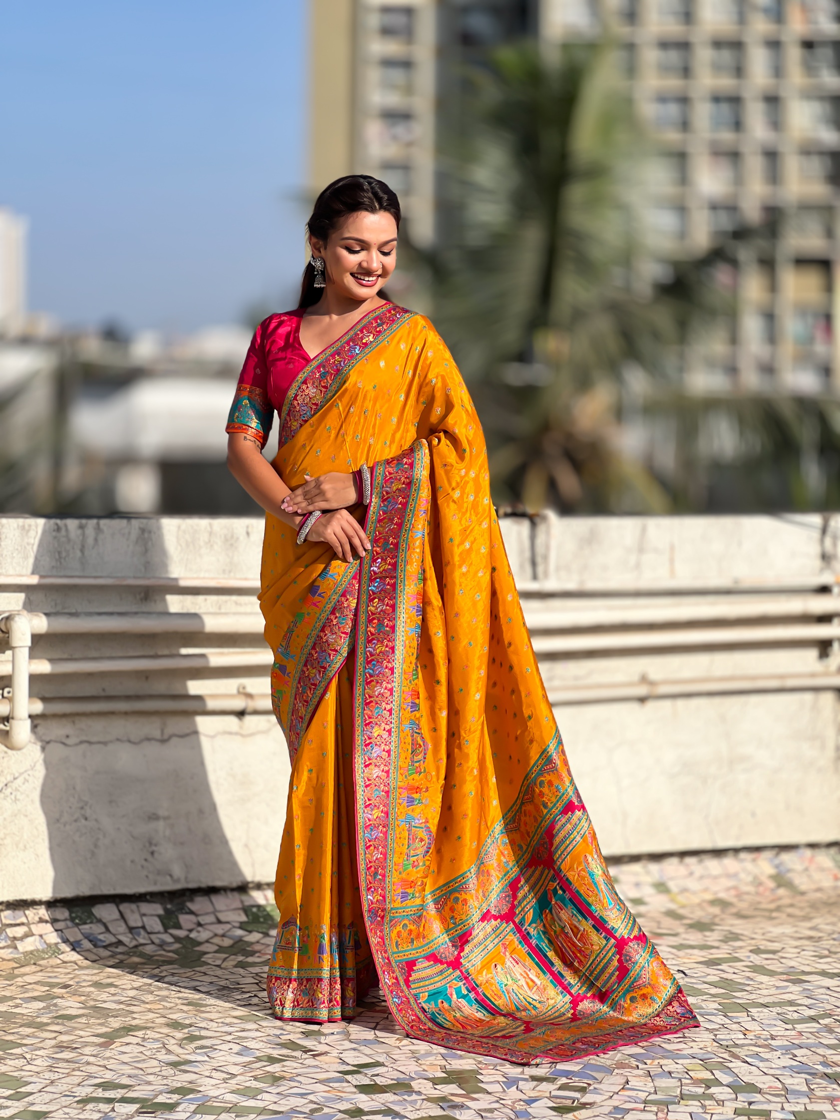 Mustard Woven Zari Viscose Silk Saree