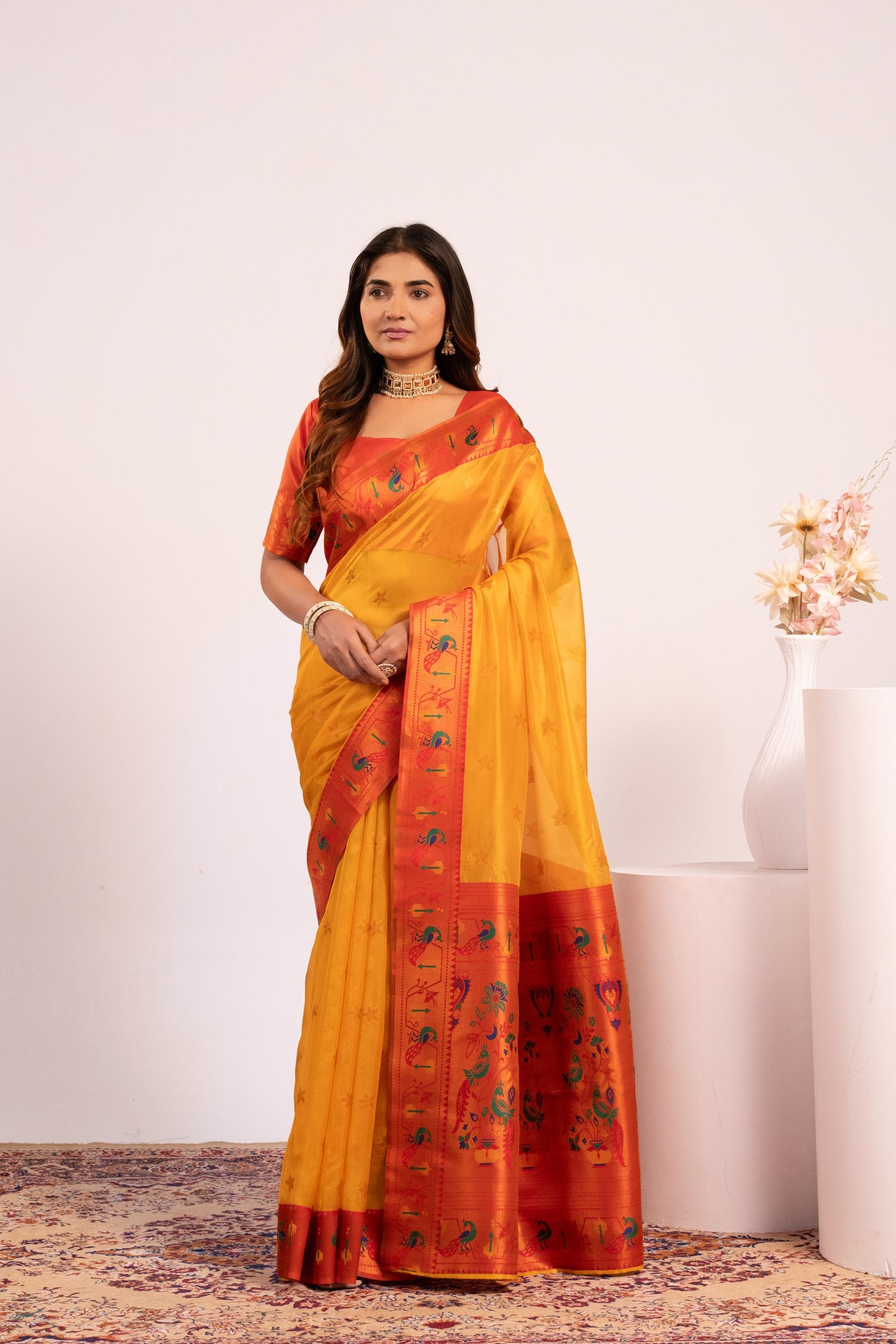 Mustard Yellow Heritage Paithani Tissue Silk Saree