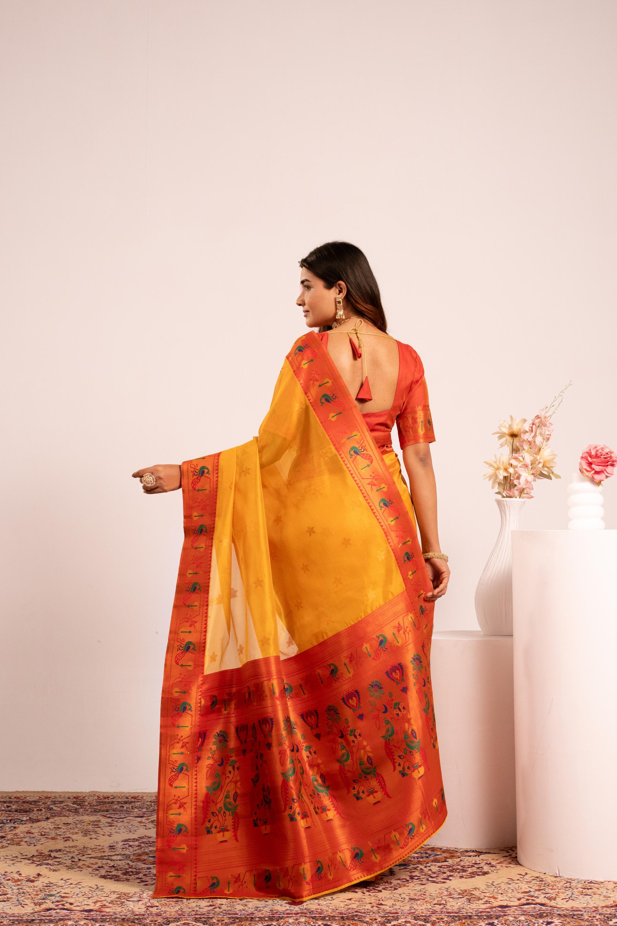 Mustard Yellow Heritage Paithani Tissue Silk Saree — alternate view