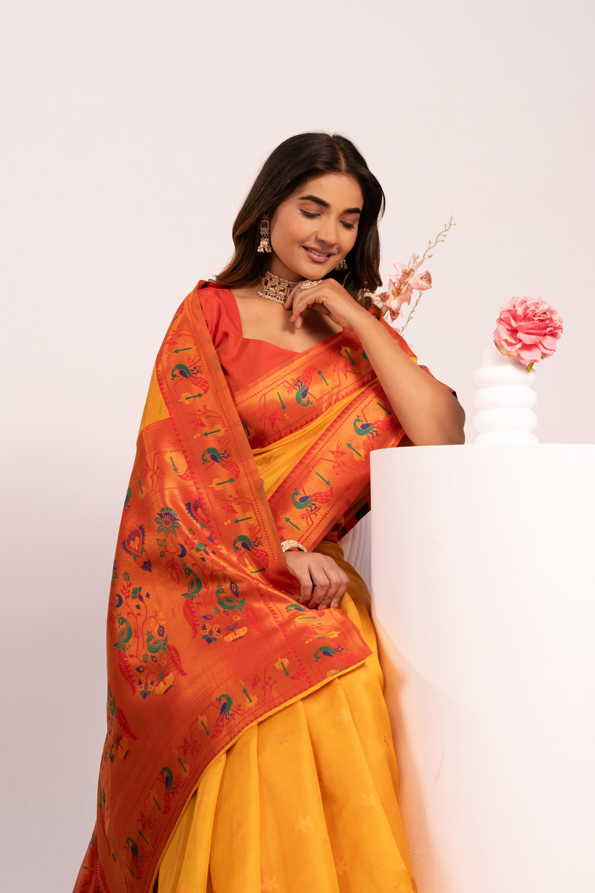 Mustard Yellow Heritage Paithani Tissue Silk Saree