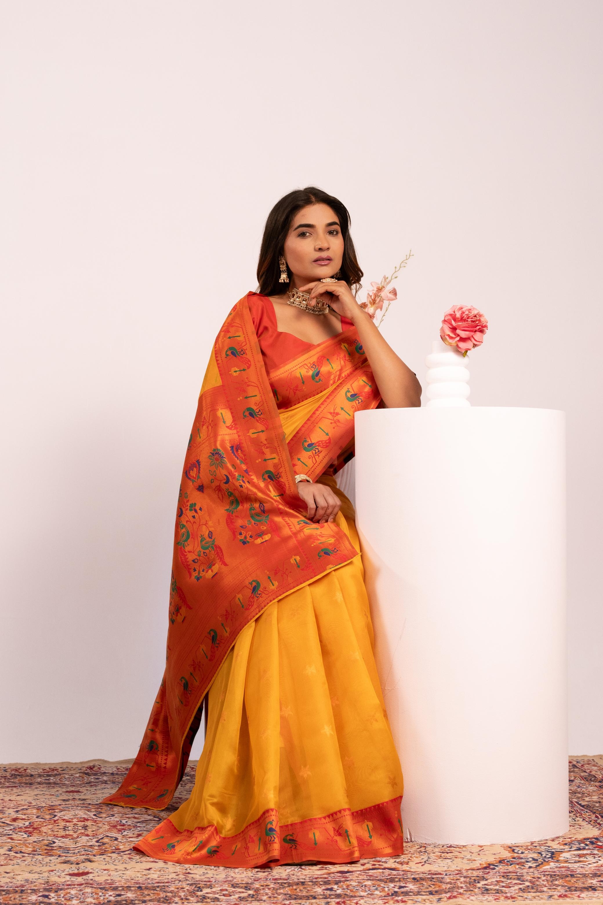 Mustard Yellow Heritage Paithani Tissue Silk Saree