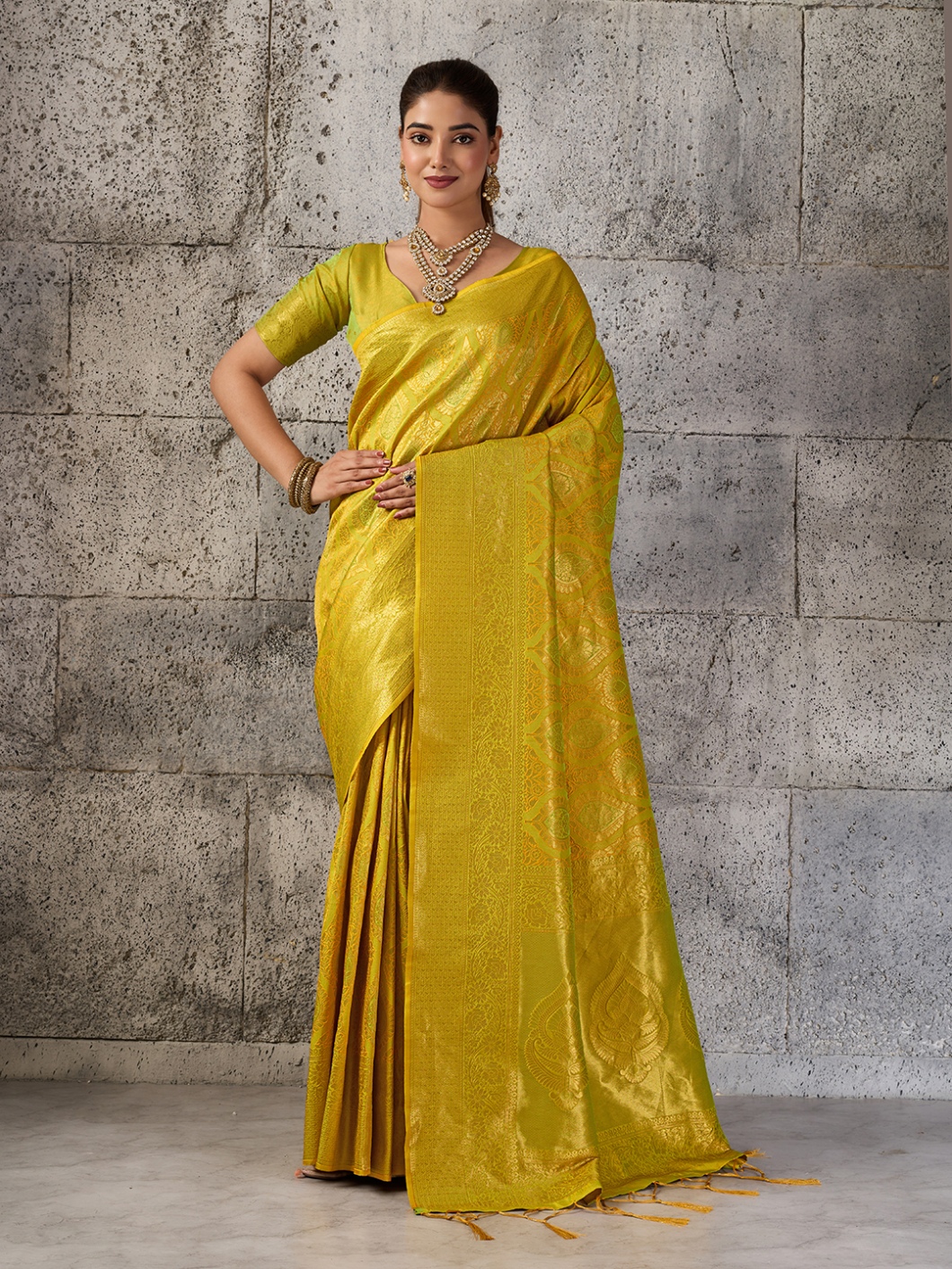 Mustard Yellow Jacquard Kanjivaram Silk Blend Saree