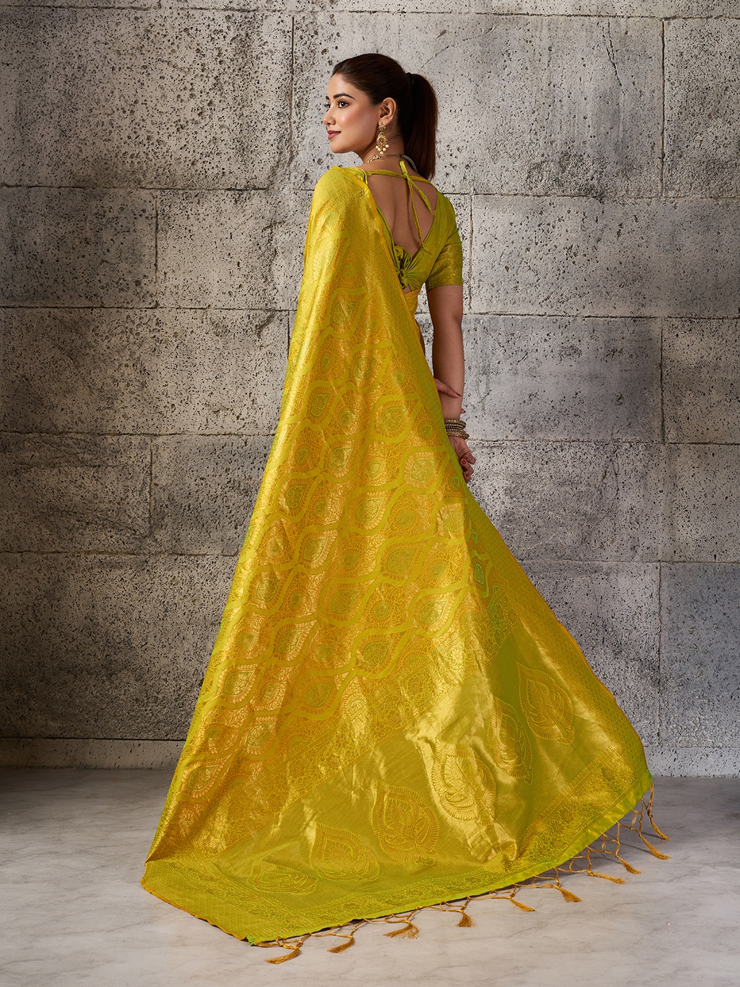 Mustard Yellow Jacquard Kanjivaram Silk Blend Saree — alternate view