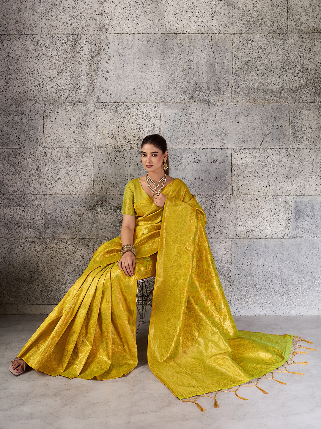 Mustard Yellow Jacquard Kanjivaram Silk Blend Saree