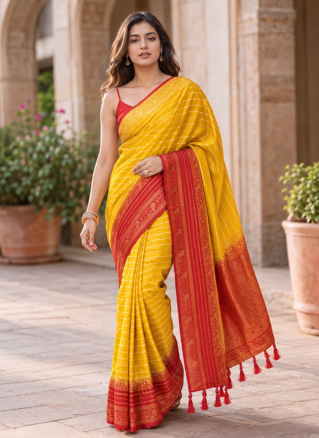 Mustard Yellow N Red Heritage Woven Saree