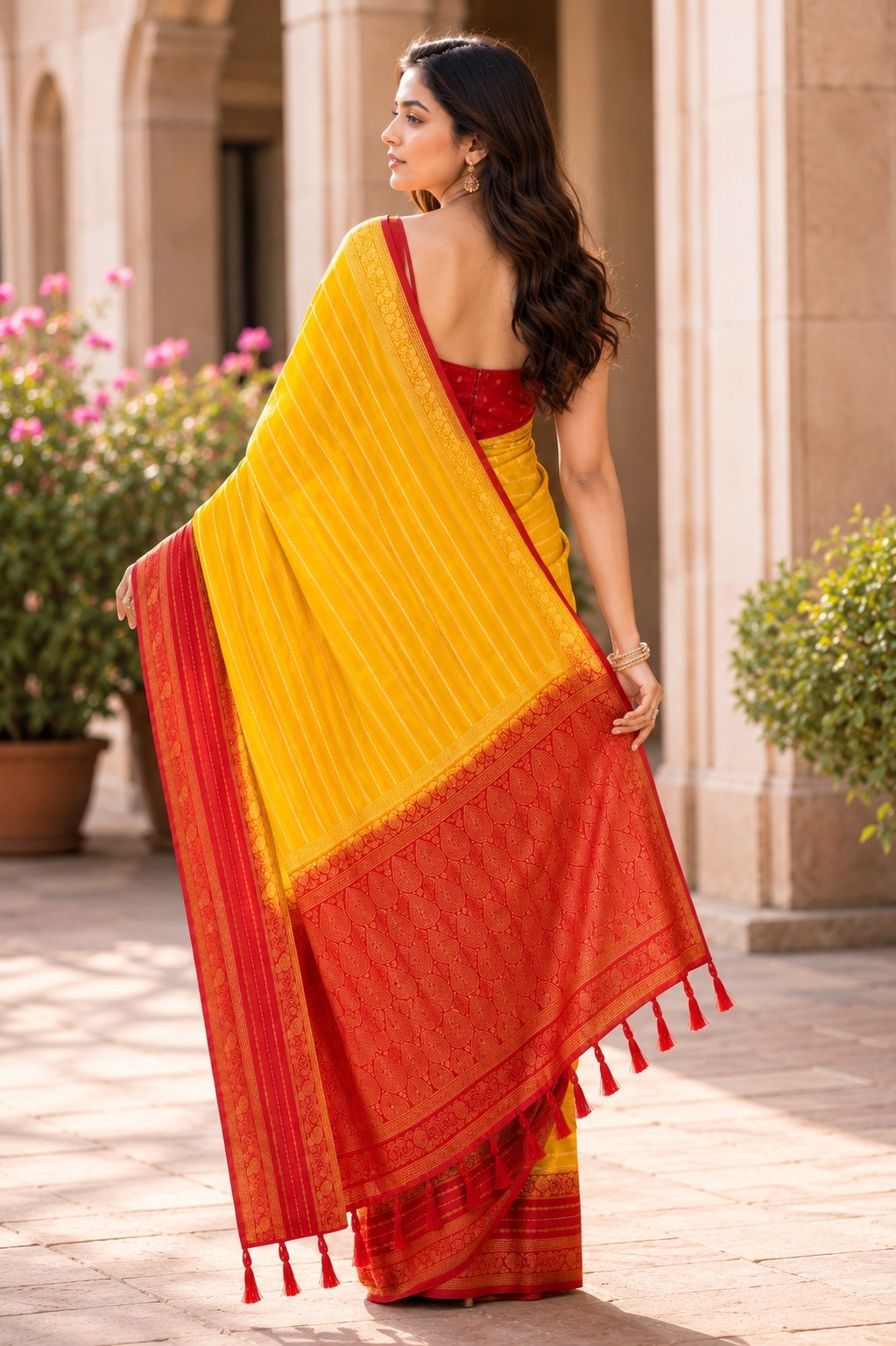 Mustard Yellow N Red Heritage Woven Saree — alternate view