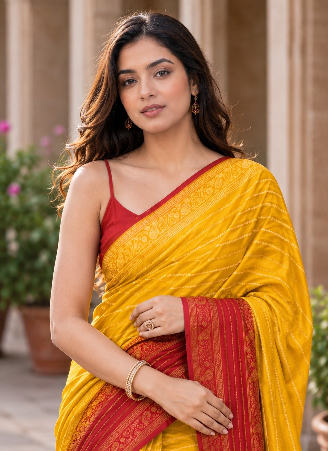 Mustard Yellow N Red Heritage Woven Saree