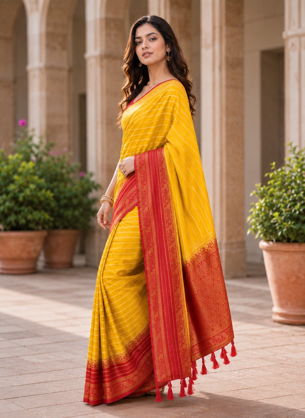 Mustard Yellow N Red Heritage Woven Saree