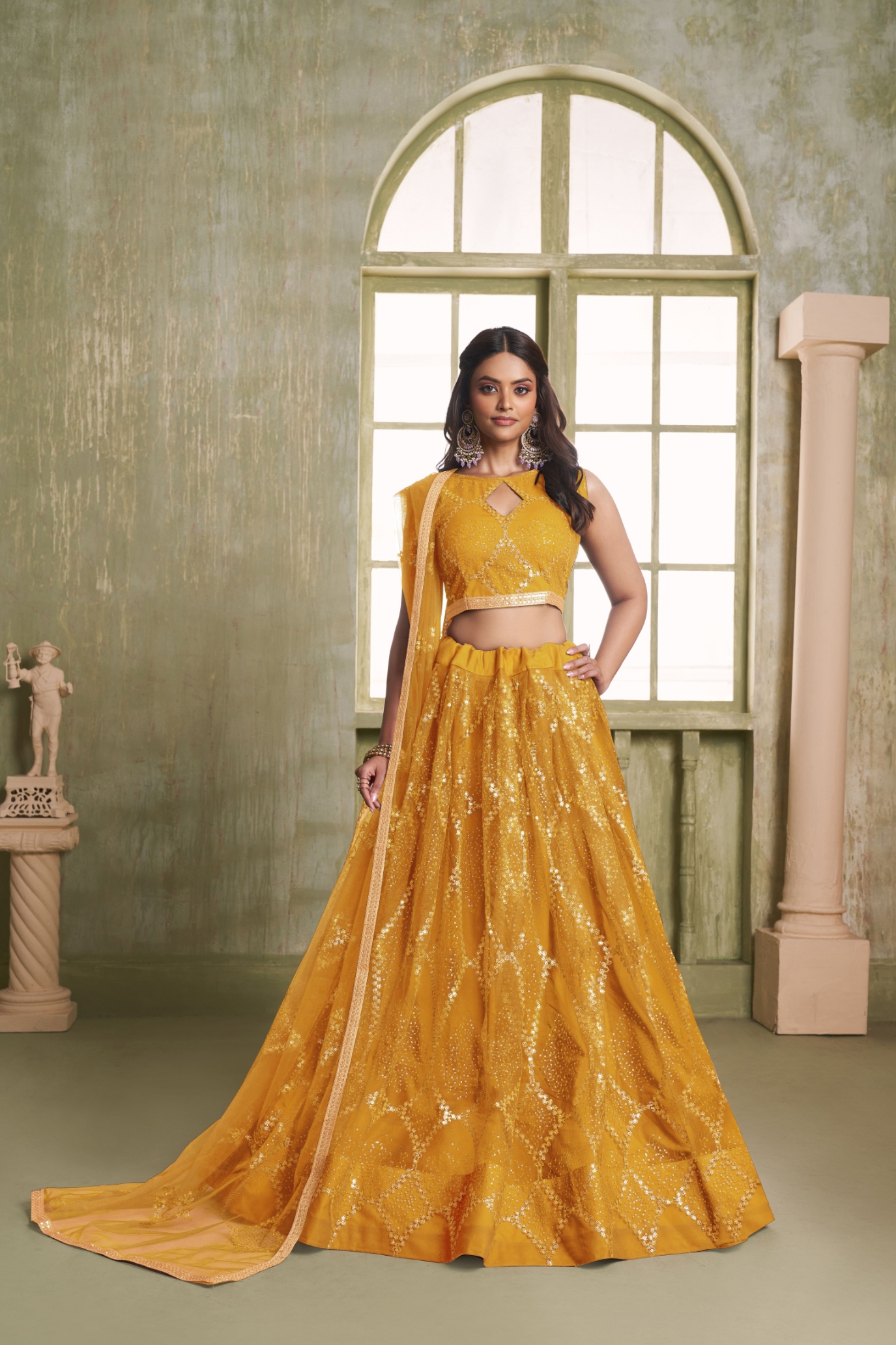 Mustard Yellow Sequins Embroidered Lehenga Choli