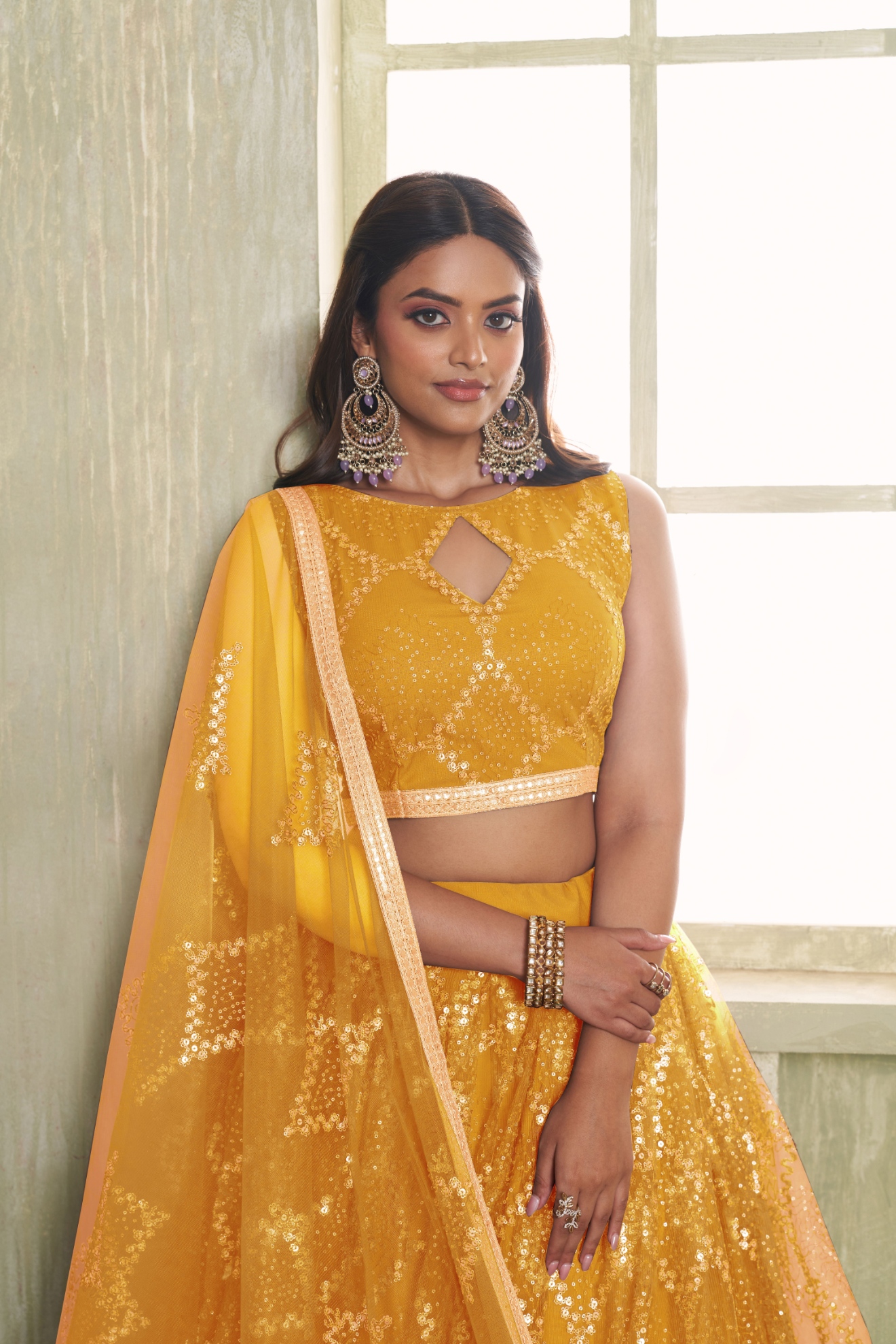 Mustard Yellow Sequins Embroidered Lehenga Choli