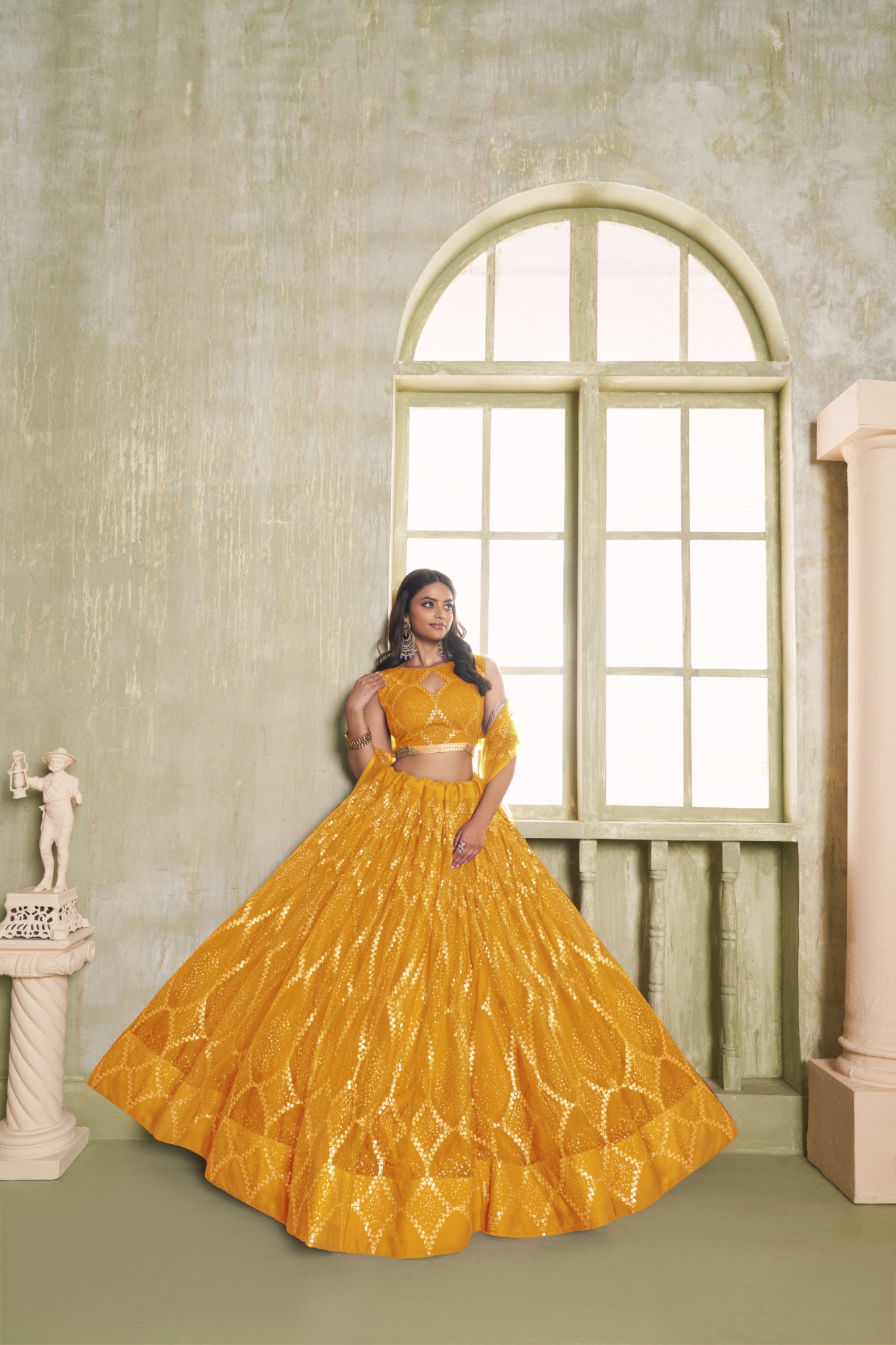 Mustard Yellow Sequins Embroidered Lehenga Choli