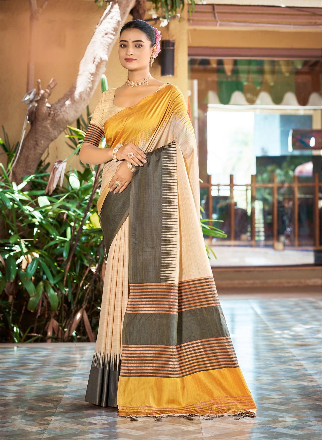 Mustard Yellow Striped Woven Slub Silk Saree