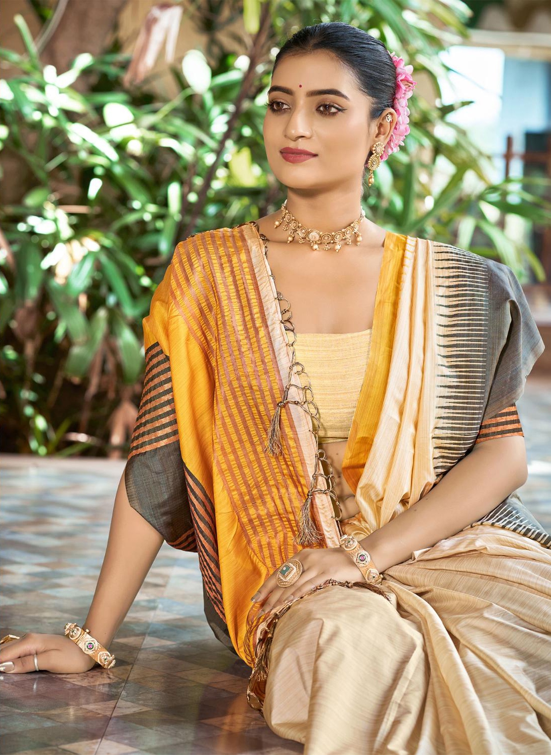 Mustard Yellow Striped Woven Slub Silk Saree