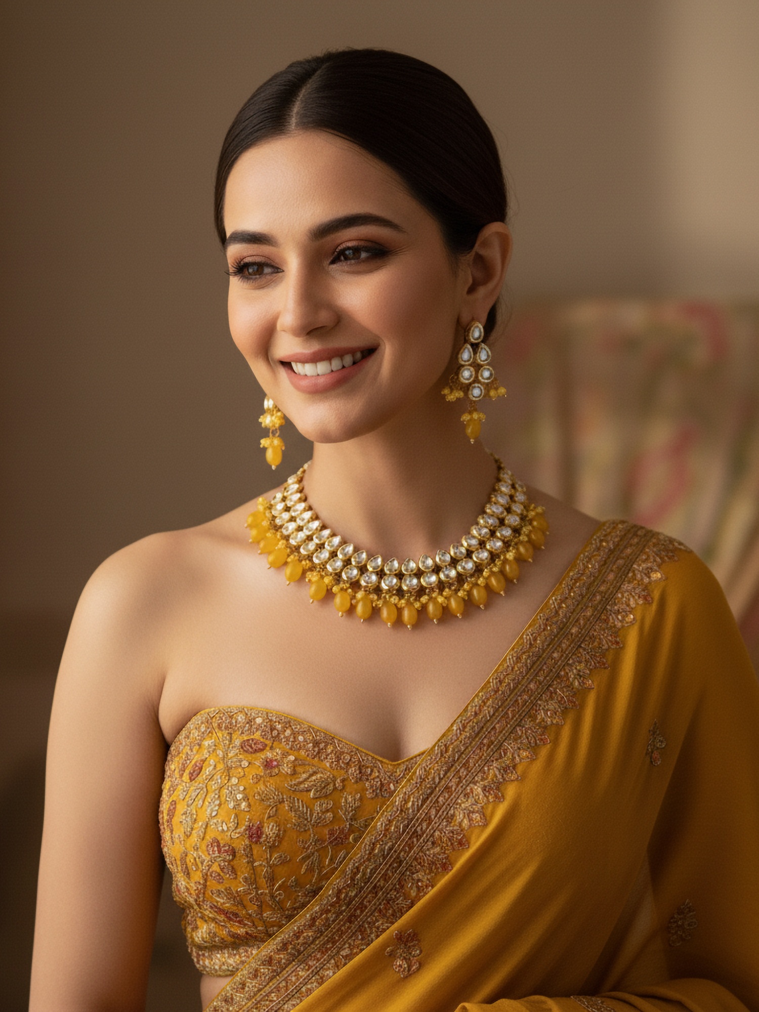 Mustard Yellow Traditional Kundan Brass Necklace Set