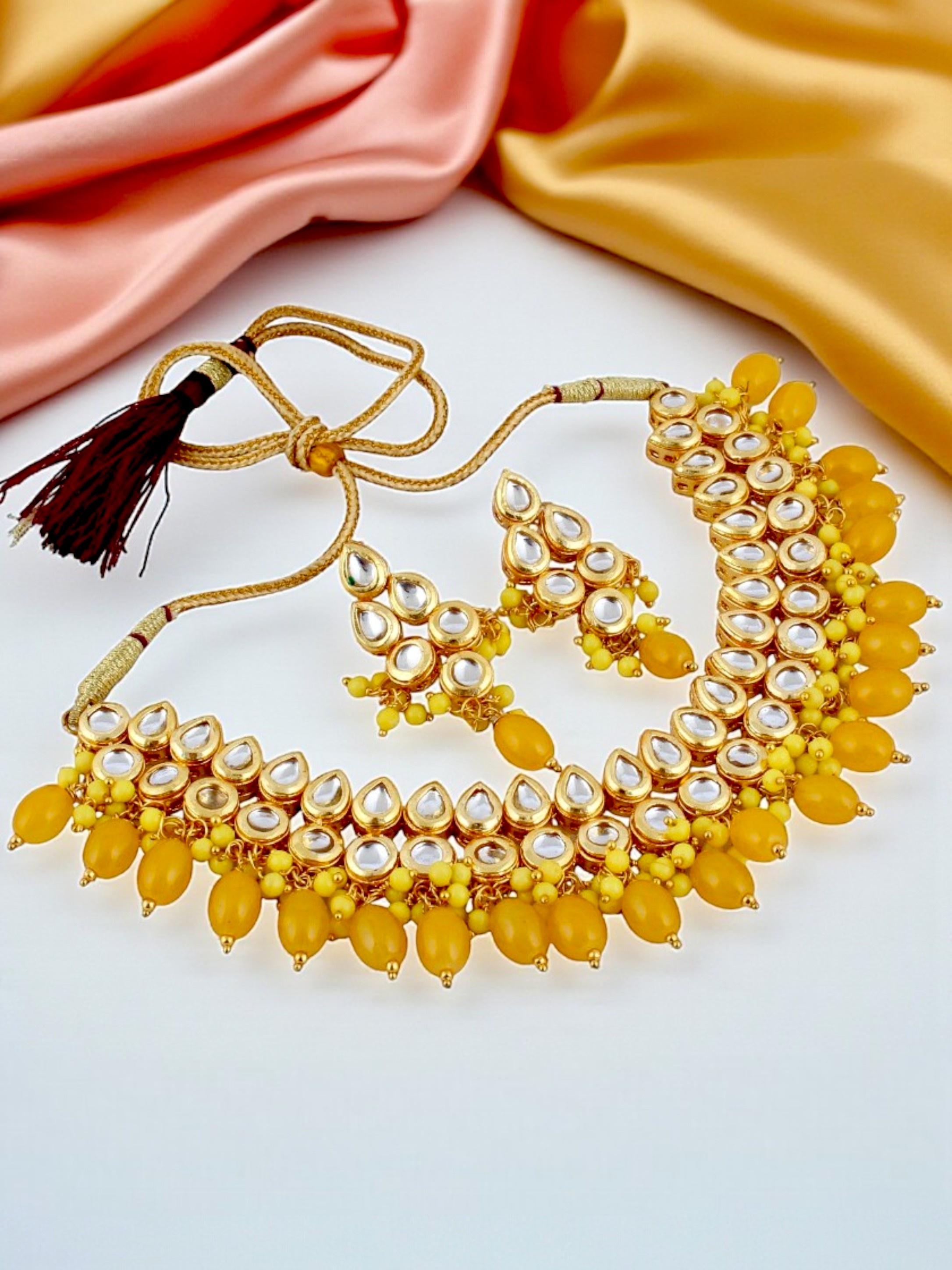 Mustard Yellow Traditional Kundan Brass Necklace Set — alternate view