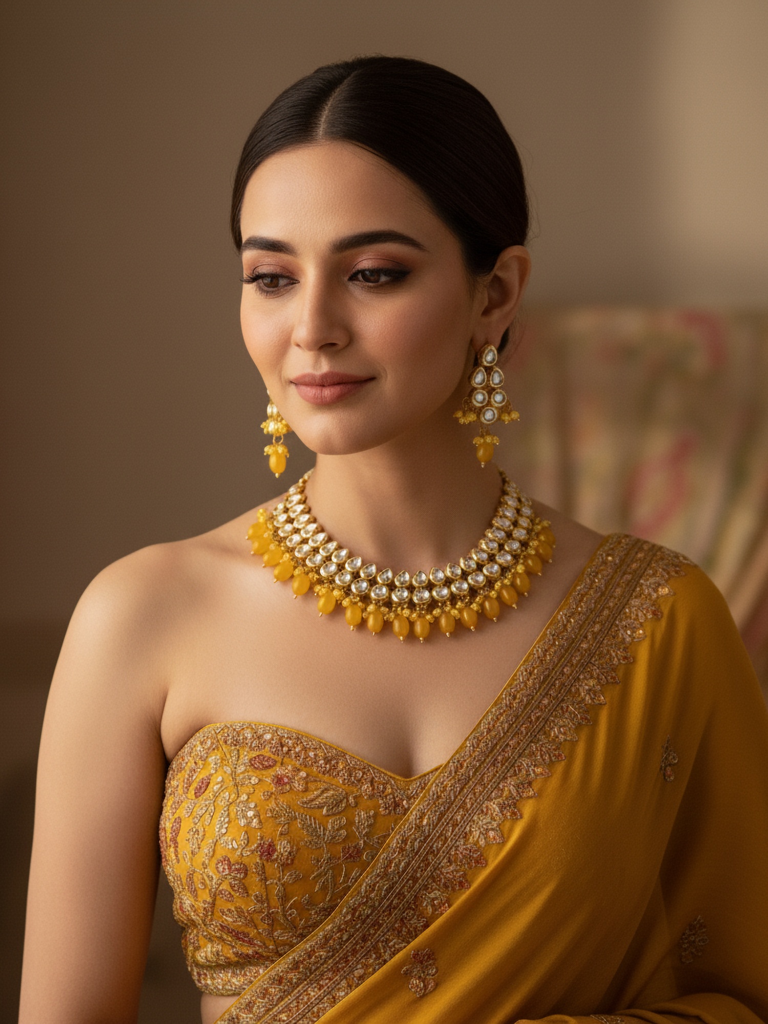 Mustard Yellow Traditional Kundan Brass Necklace Set