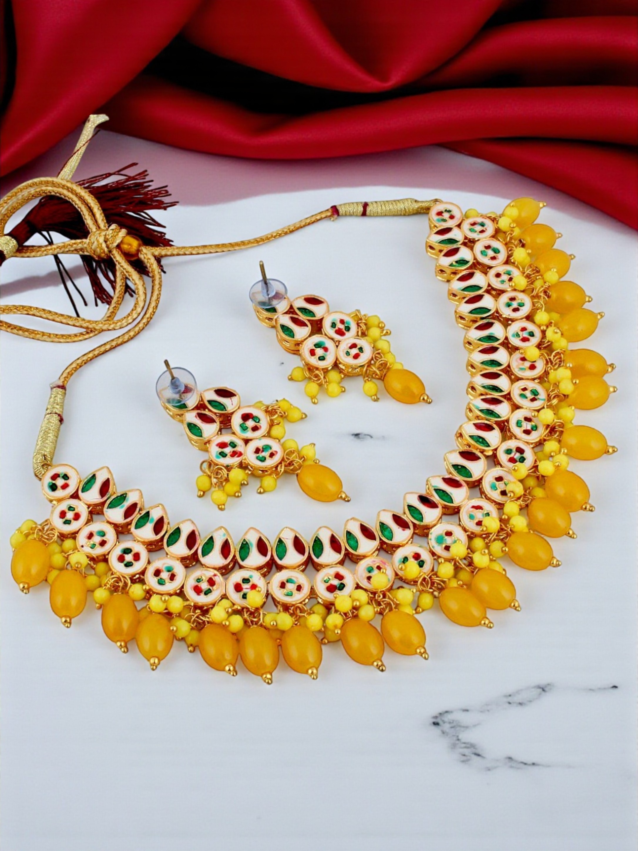 Mustard Yellow Traditional Kundan Brass Necklace Set