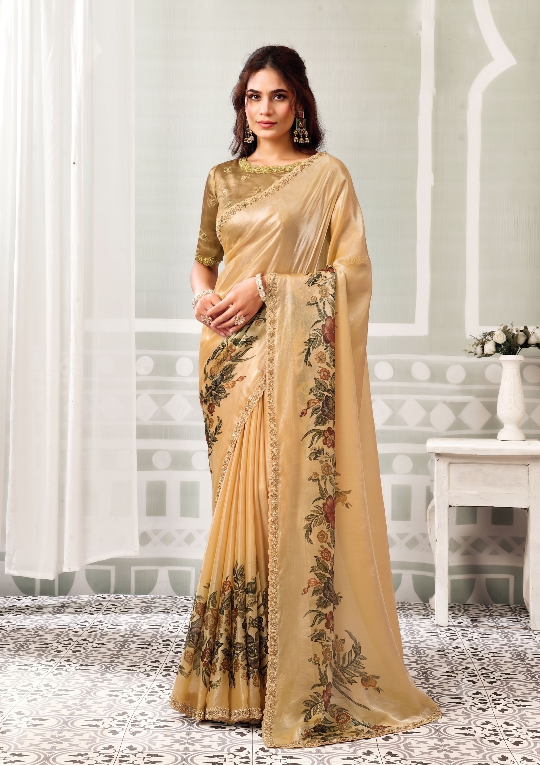 Mustard Yellow Two Tone Satin Silk Embroidered Saree