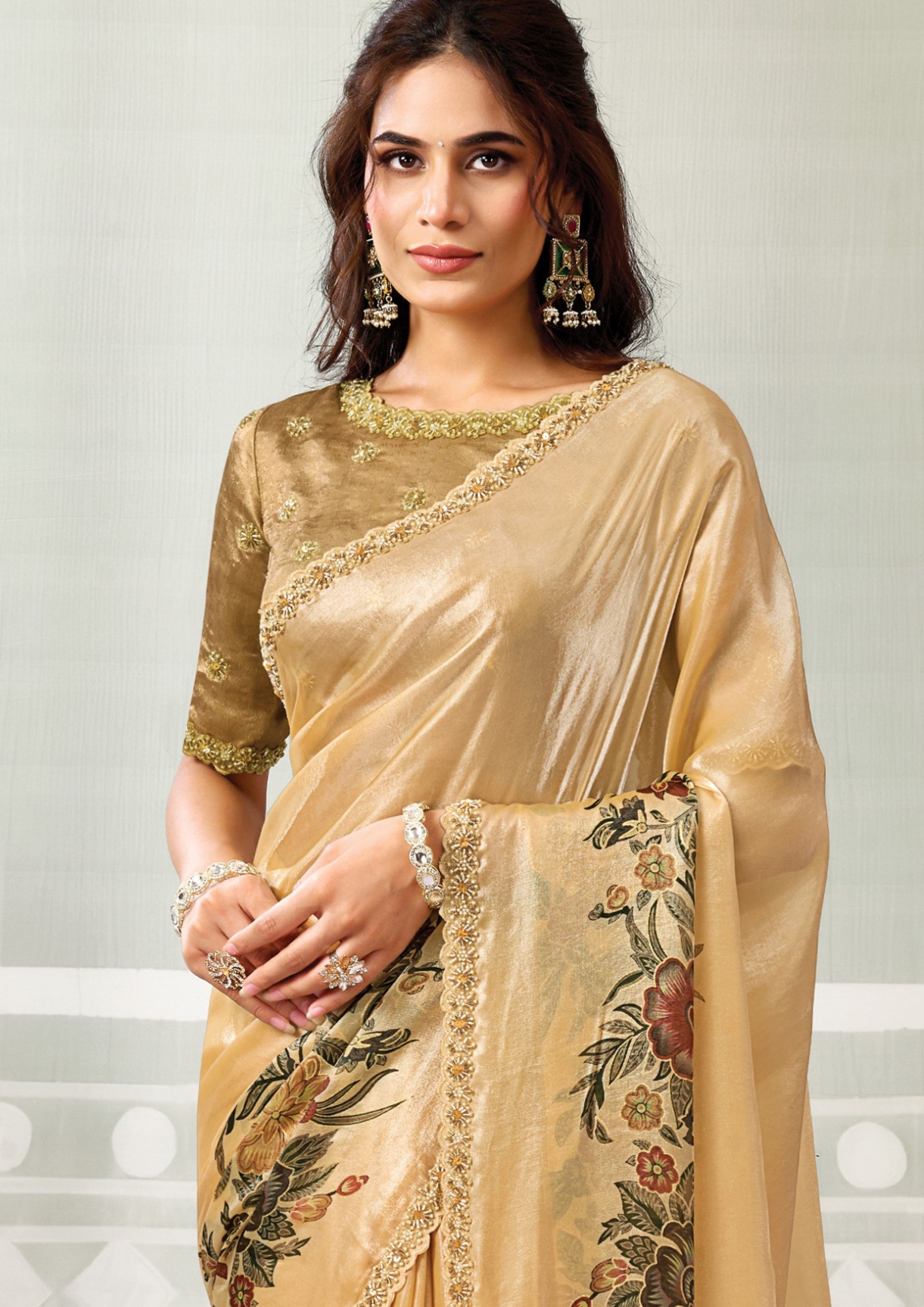 Mustard Yellow Two Tone Satin Silk Embroidered Saree — alternate view