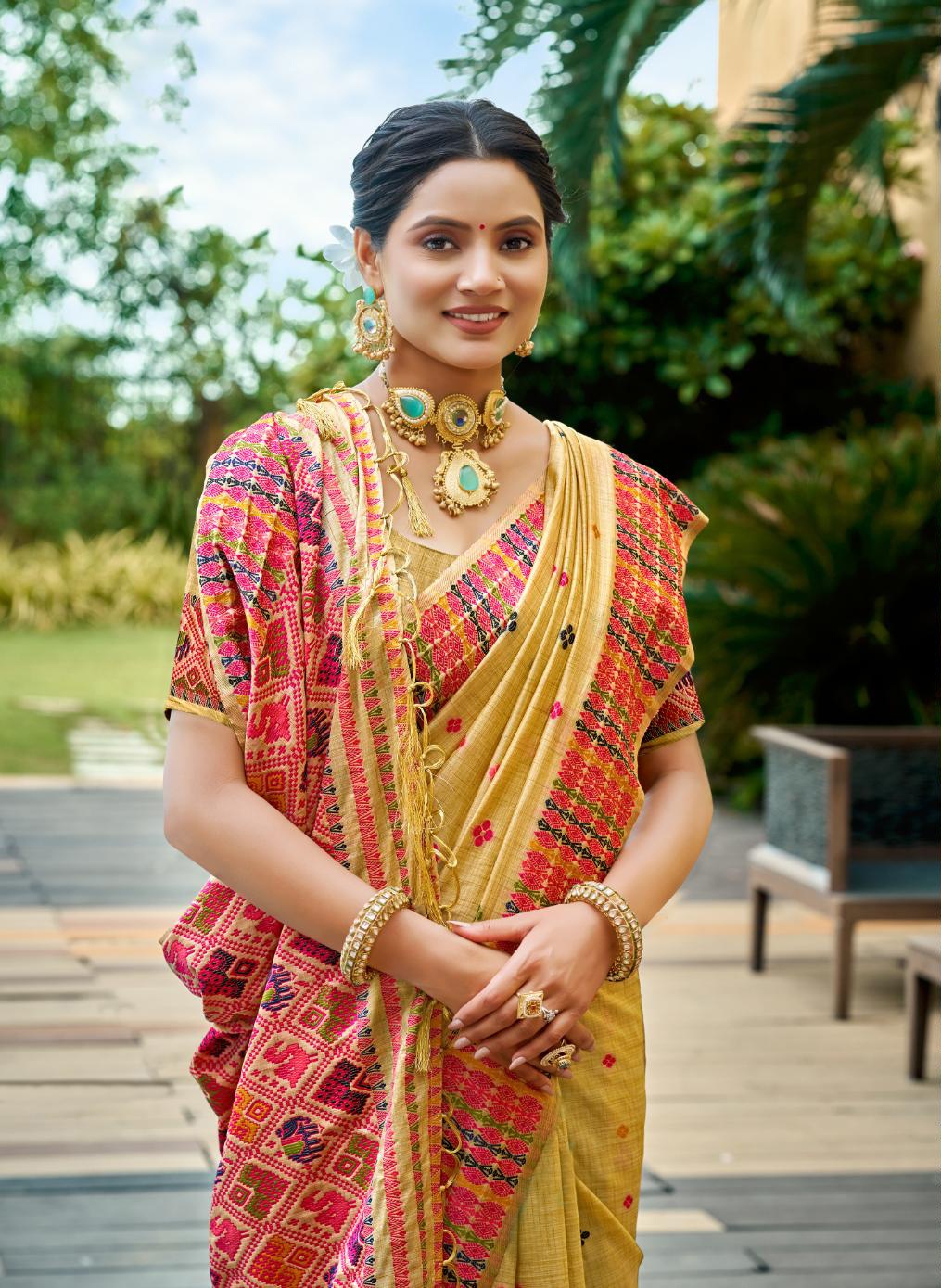 Mustard Yellow Woven Designer Assam Silk Saree — alternate view