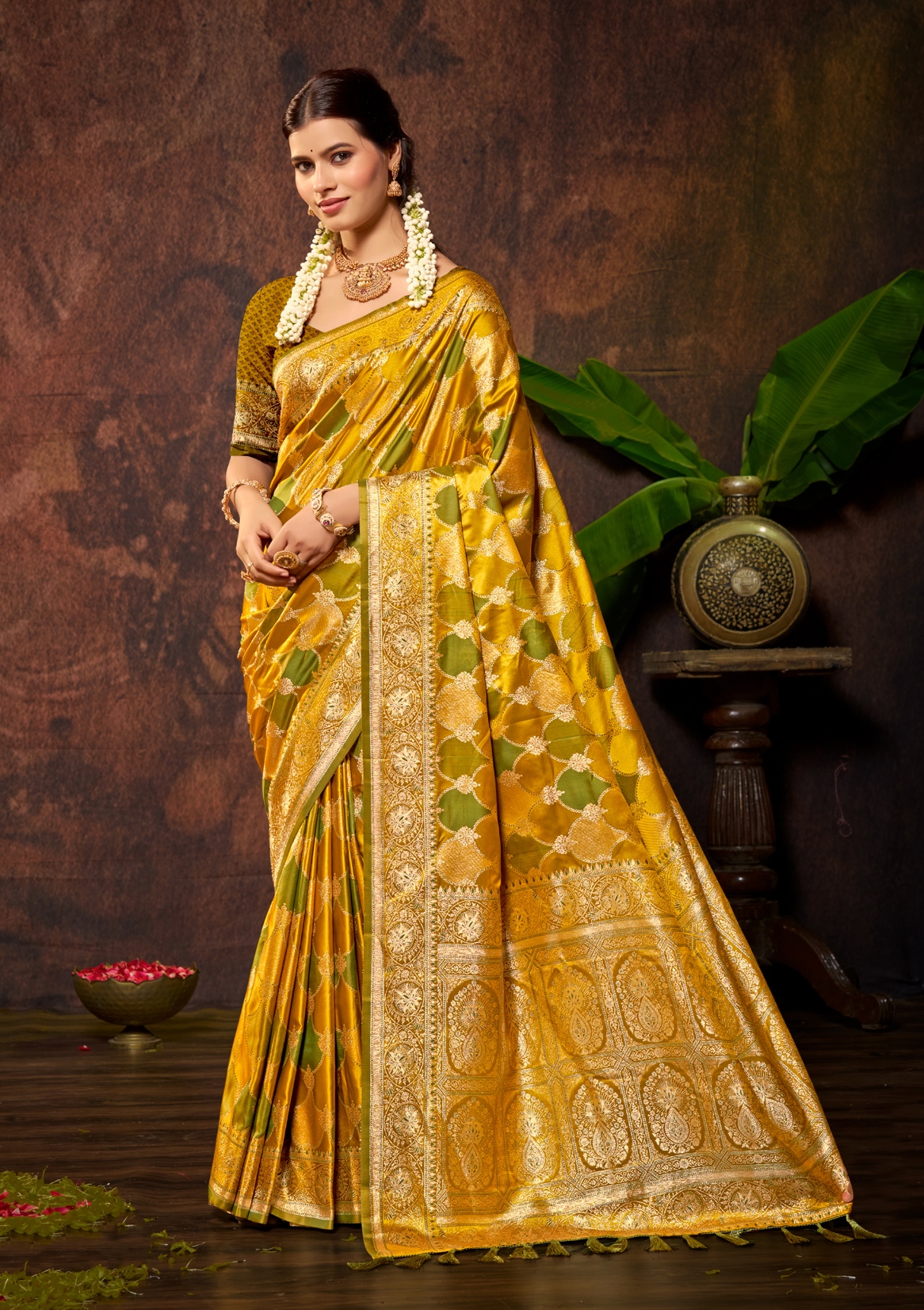Mustard Yellow Woven Designer Satin Silk Saree