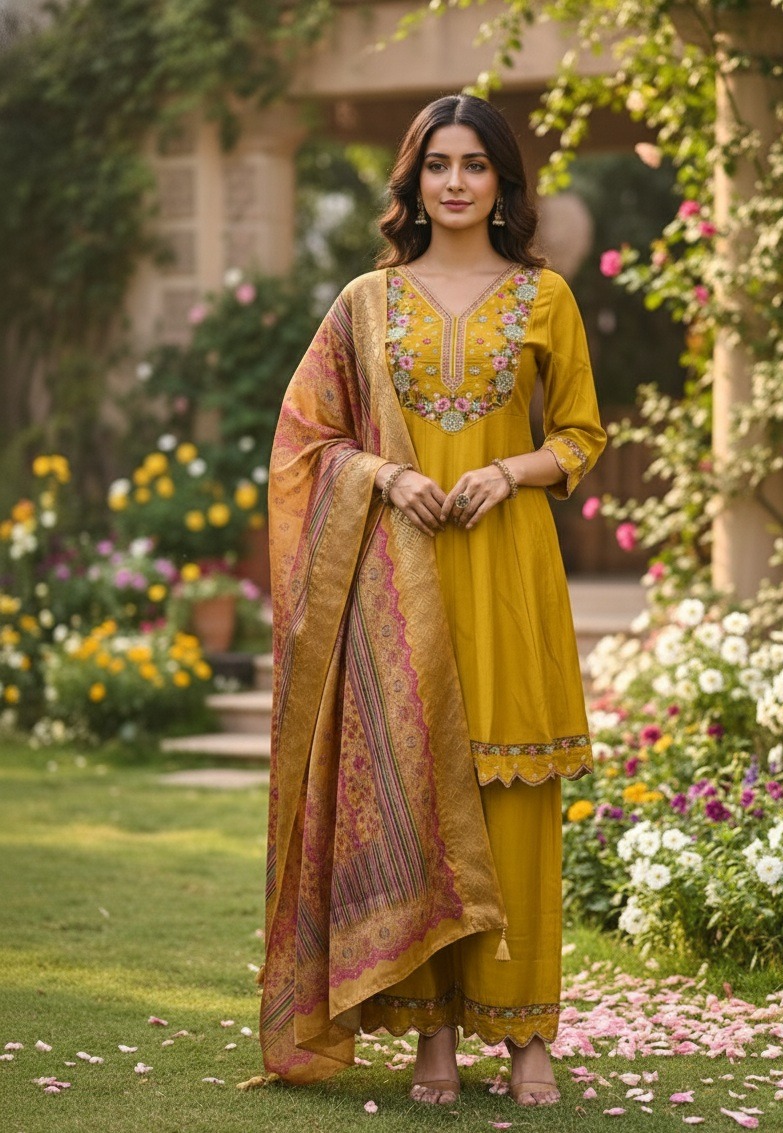 Mustard Yoke Embroidered A-Line Salwar Suit