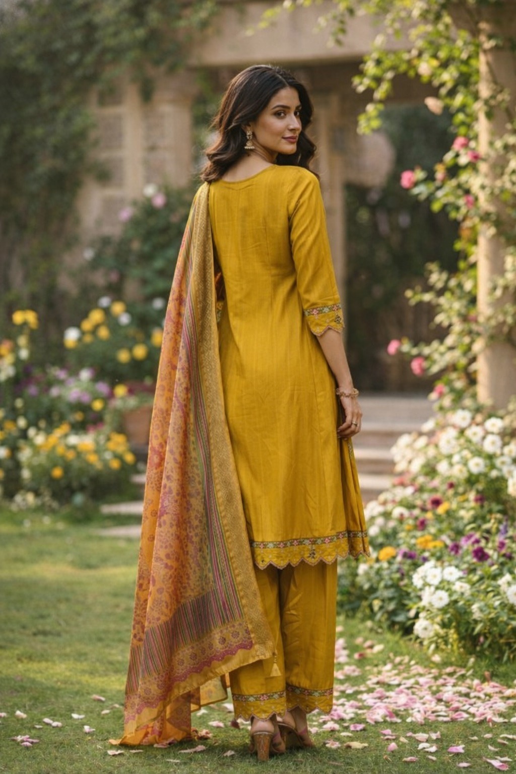Mustard Yoke Embroidered A-Line Salwar Suit — alternate view