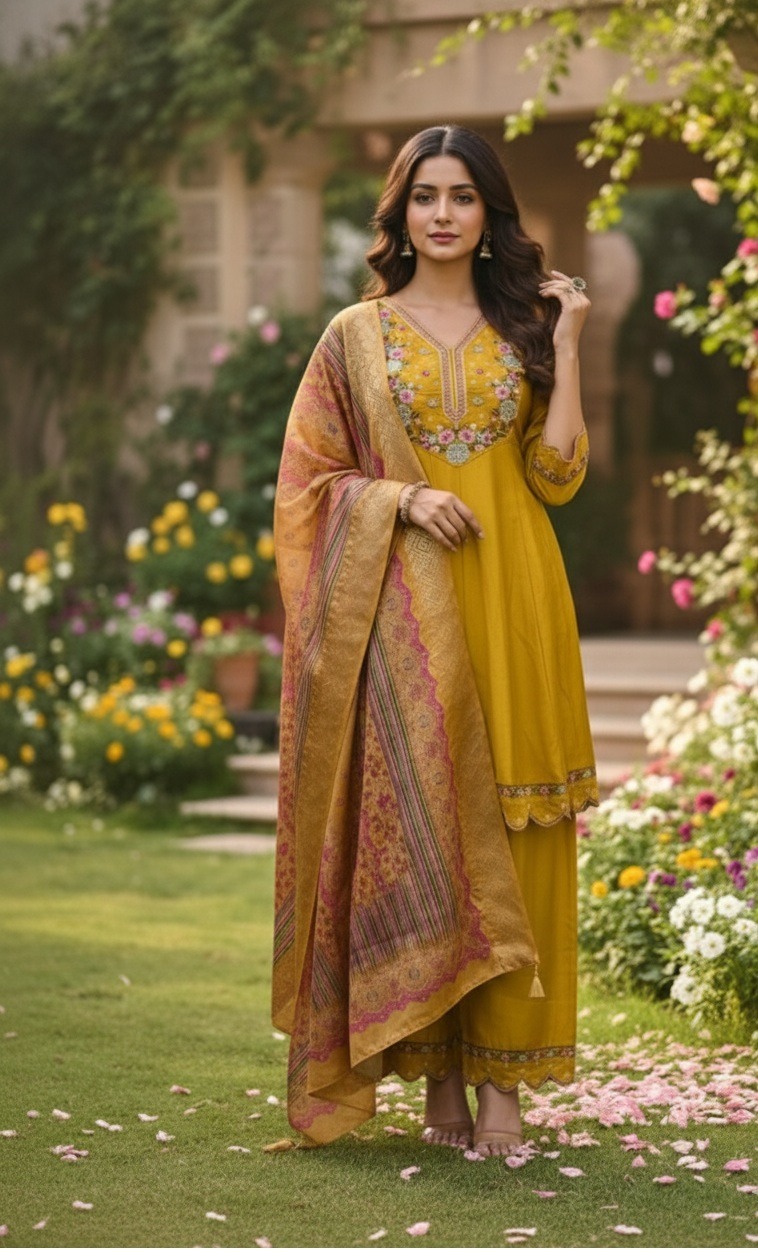 Mustard Yoke Embroidered A-Line Salwar Suit