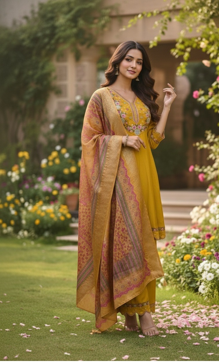 Mustard Yoke Embroidered A-Line Salwar Suit