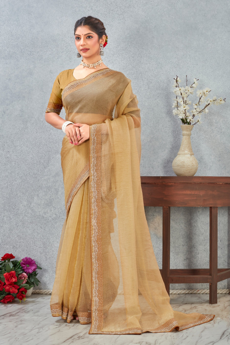 Mustard Zircon Border Soft Silk Saree