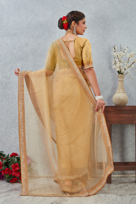 Mustard Zircon Border Soft Silk Saree — alternate view