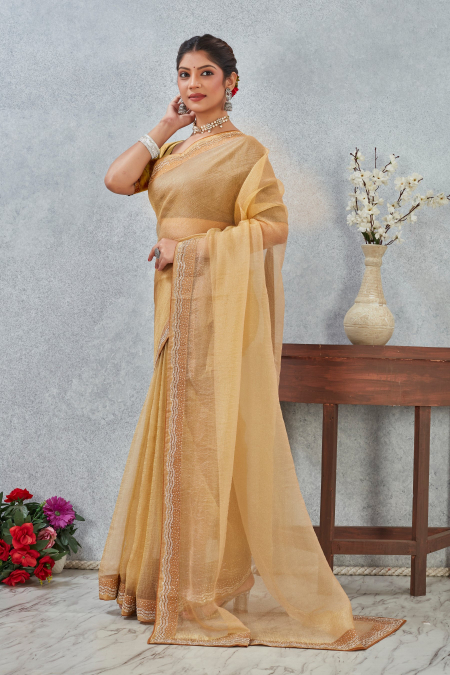Mustard Zircon Border Soft Silk Saree