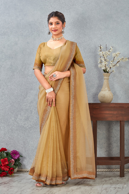 Mustard Zircon Border Soft Silk Saree